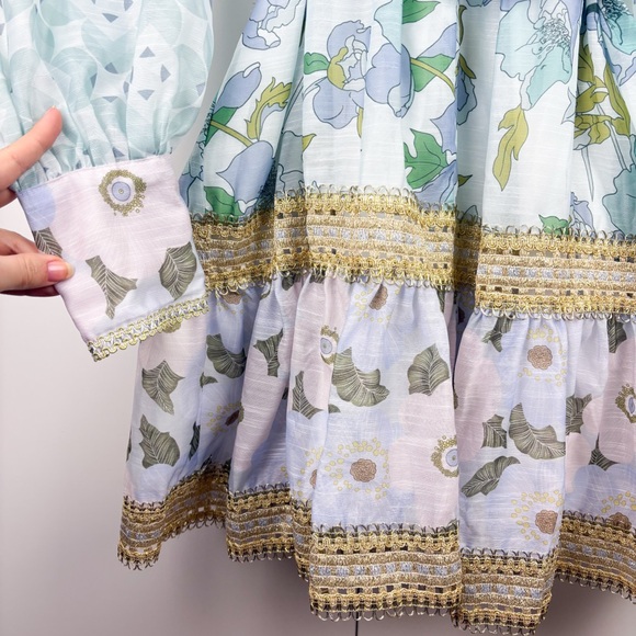 INA Rhythm Trimmed Billow Mini Dress Floral Blue Gold Puff Long Sleeve NEW Small - Picture 5 of 10